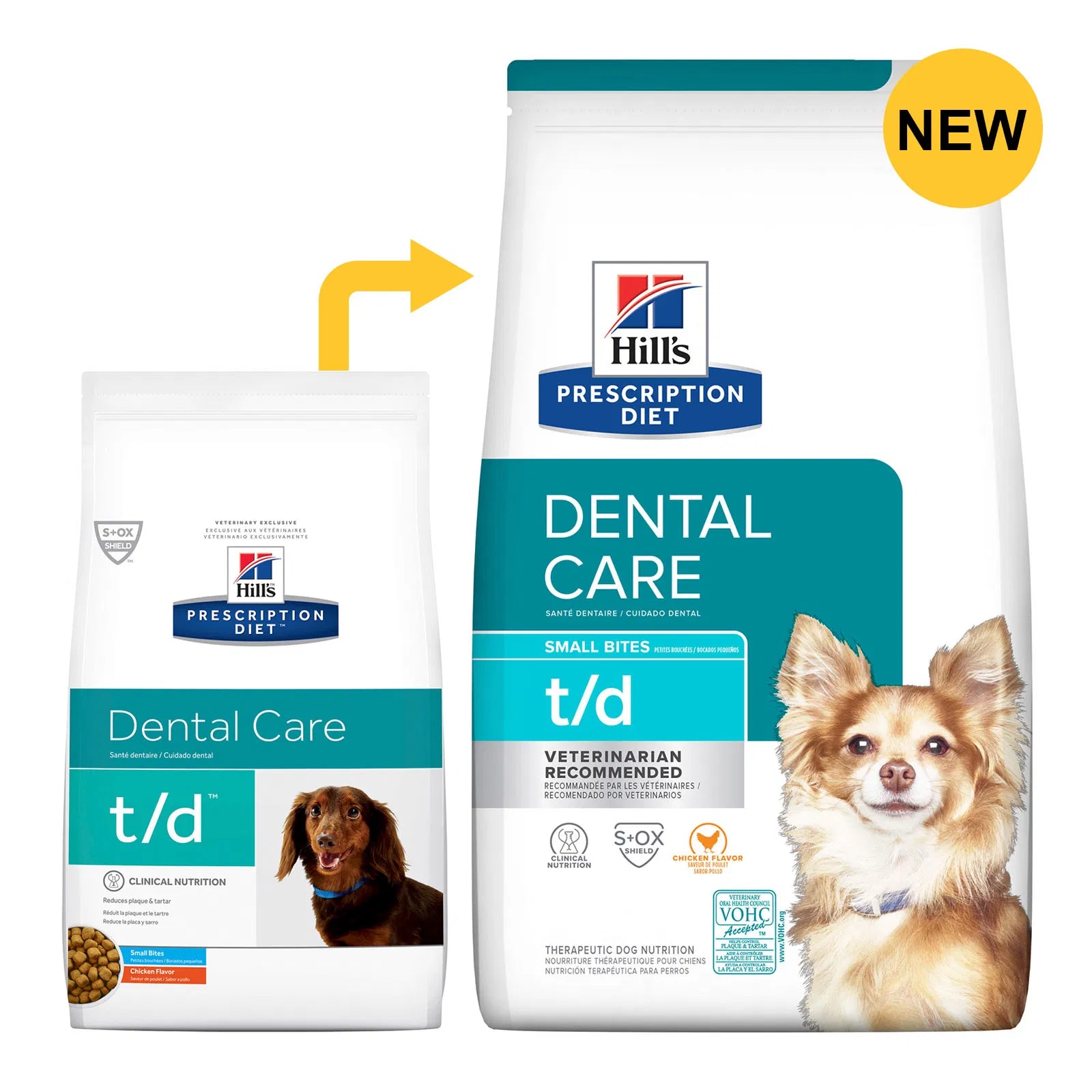 Two packages of Hills Prescription Diet t/d Dental Care dog food on a white background at Pet Servo