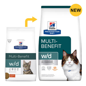 Two bags of Hills Prescription Diet Multi-Benefit w/d cat food with images of cats on a white background at Pet Servo