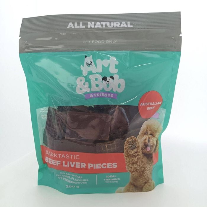 Package of Art & Bob & Friends Barktastic Beef Liver Pieces on a white background