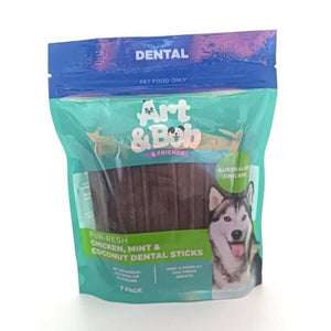 Package of Art & Bob & Friends dental dog treats with a dog on the label.