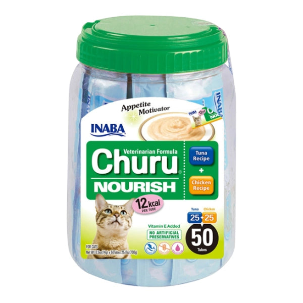 A container of Inaba Churu Nourish cat food with a taurine-enriched formula, featuring an image of a cat and highlighting the product's benefits such as supporting appetite and being grain-free.