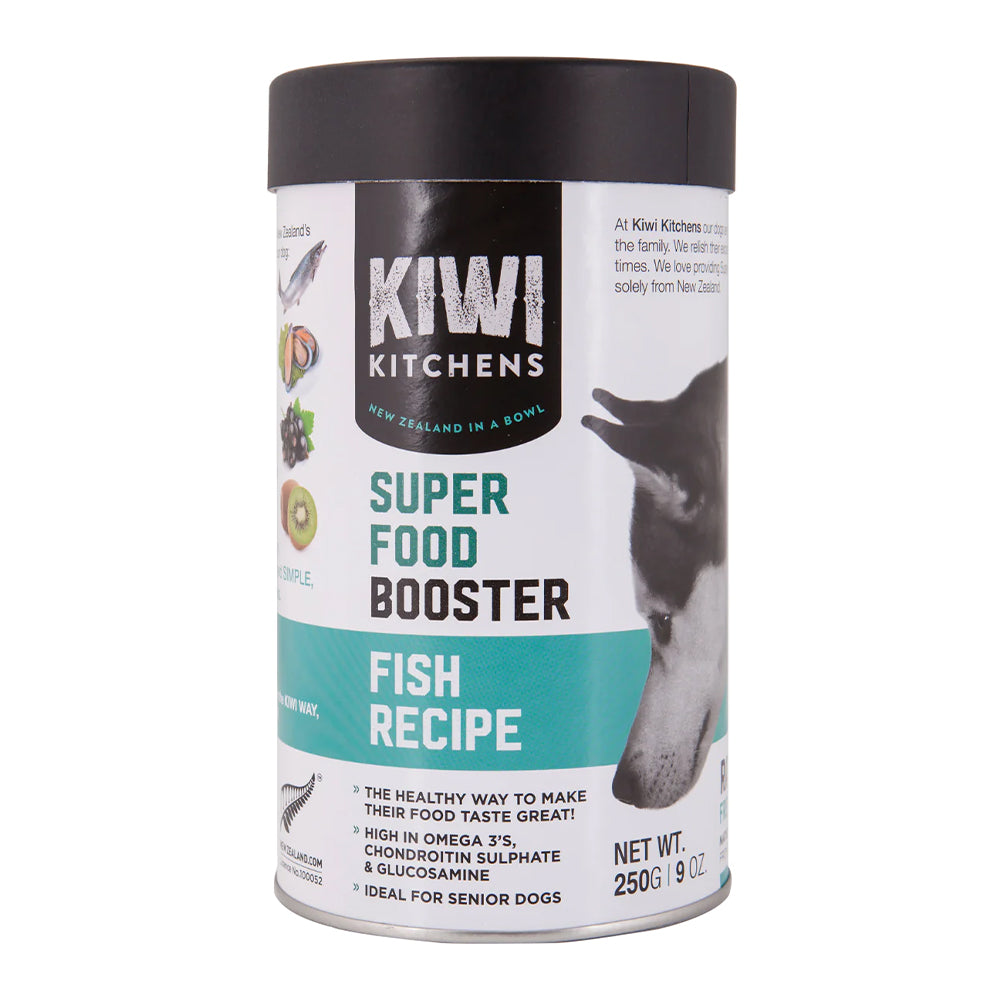 Kiwi Kitchens Super Food Booster Fish Recipe container on a white background at Pet Servo