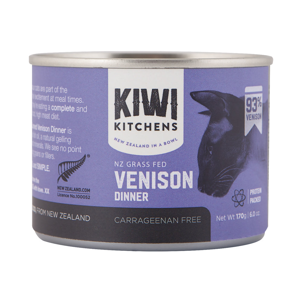 Can of Kiwi Kitchens NZ Grass Fed Venison Dinner on a white background at Pet Servo