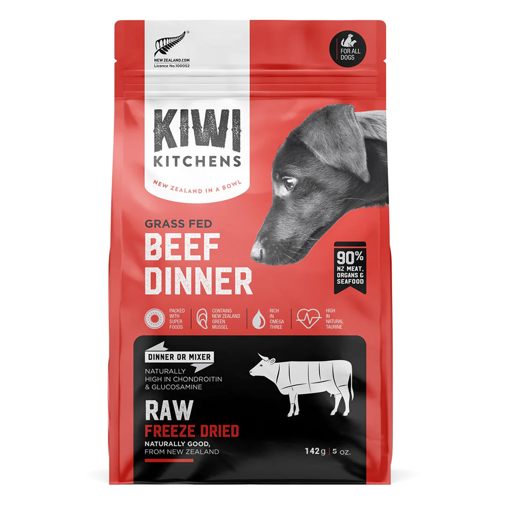 Kiwi Kitchens grass fed beef dinner dog food package on a white background at Pet Servo