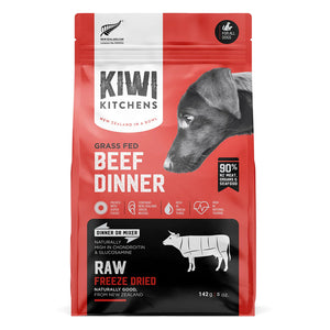 Kiwi Kitchens grass fed beef dinner dog food package on a white background at Pet Servo