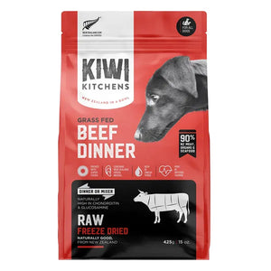 Kiwi Kitchens grass fed beef dinner dog food package on a white background at Pet Servo