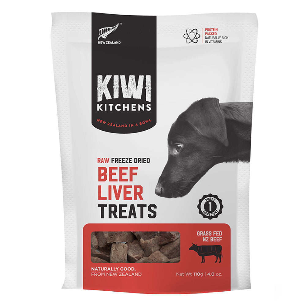 Package of Kiwi Kitchens raw freeze-dried beef liver treats for dogs on a white background at Pet Servo