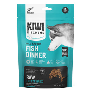Kiwi Kitchens raw freeze-dried fish dinner for dogs packaging on a white background at Pet Servo