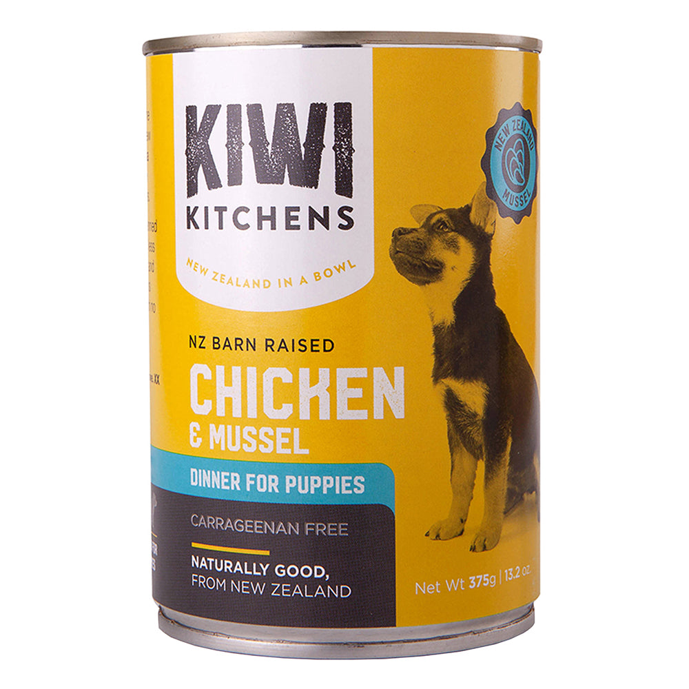 Can of Kiwi Kitchens puppy food with a dog illustration on a yellow background at Pet Servo