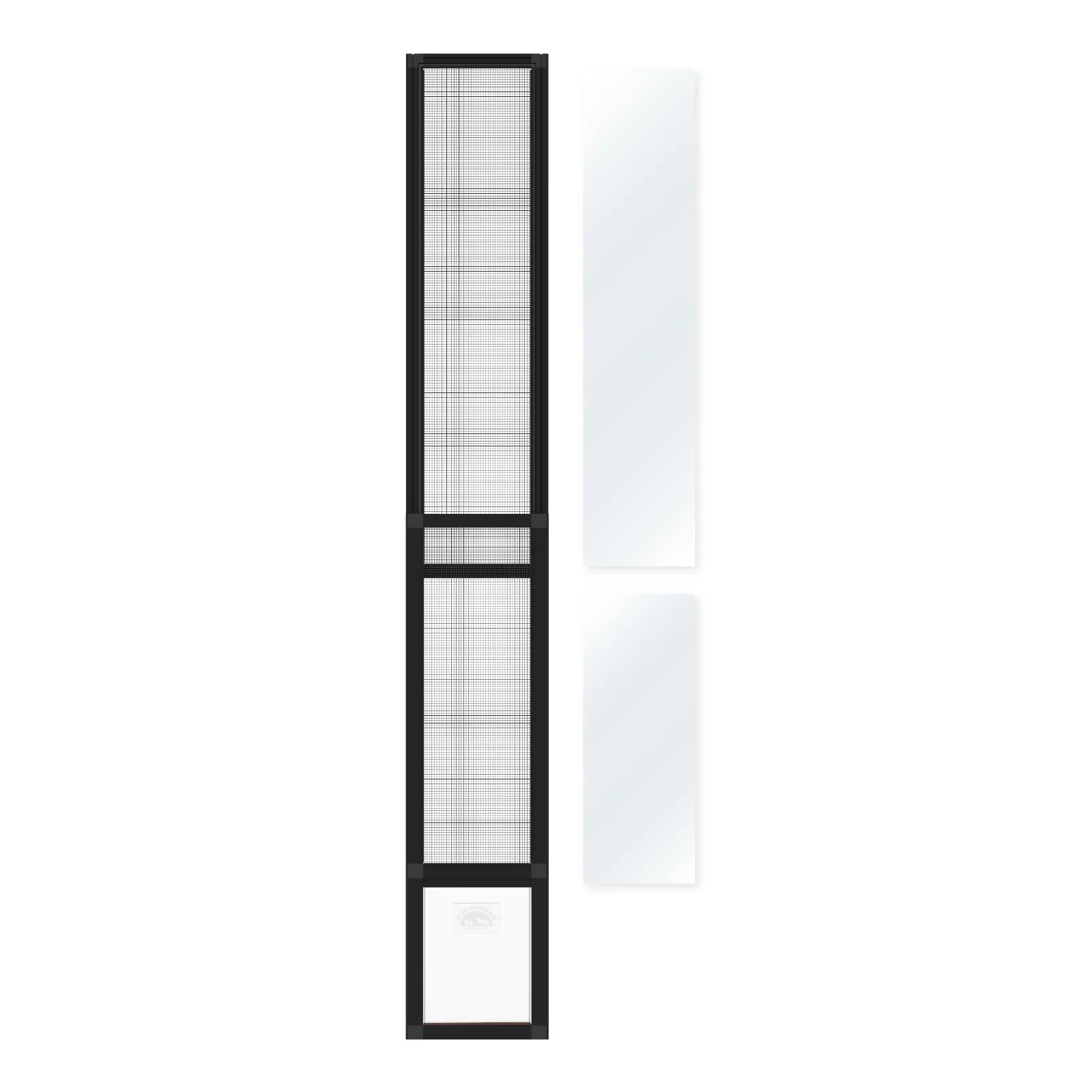 Tall vertical blind with black frame and white mesh on a white background