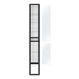 Tall vertical blind with black frame and white mesh on a white background