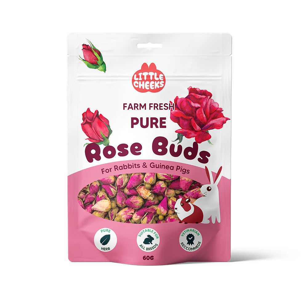 Package of Little Cheeks Pure Rose Buds for rabbits and guinea pigs on a white background
