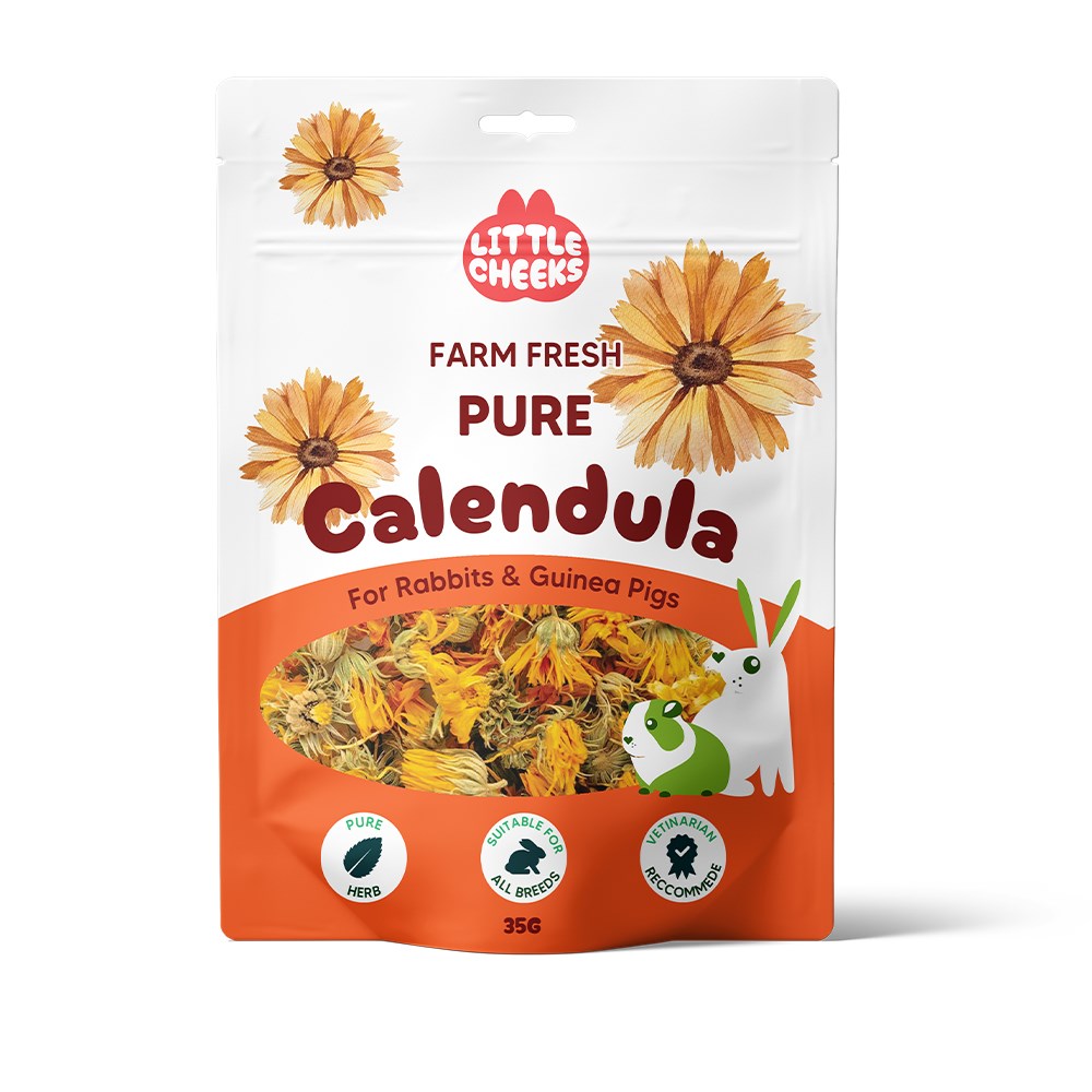 Package of Little Cheeks Farm Fresh Pure Calendula for rabbits and guinea pigs on a white background
