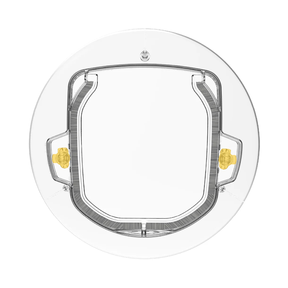 Clear plastic pet door with gold hardware on a white background