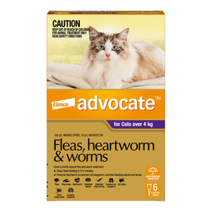 Advocate cat dewormer packaging with a cat on a yellow background at Pet Servo
