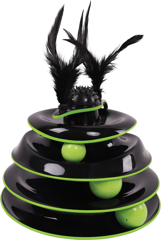 A black cat toy with a multi-tiered spiral track, bright green plastic balls, and black feathers on top, shown against a solid white background at Pet Servo