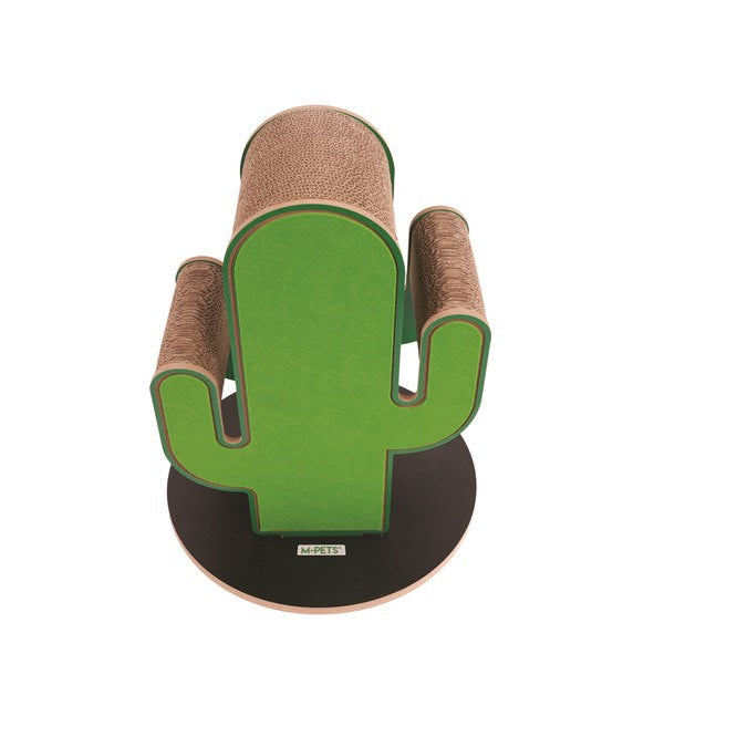 A cactus-shaped cat tree with a green front panel, brown sisal-wrapped scratching posts, and a round black base on a white background at Pet Servo