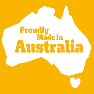 A graphic with a white silhouette of Australia on a bright yellow background, with the text 'Proudly Made in Australia' in yellow lettering.