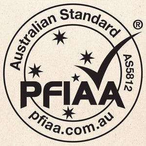 A circular black-and-beige Australian Standard PFIAA certification mark with stars, a check mark, and the text 'pfiaa.com.