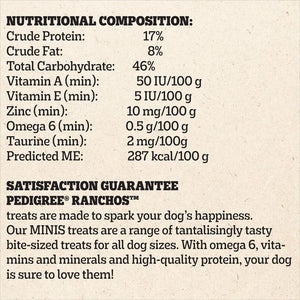 A close-up of a pet treat packaging label showing nutritional composition and satisfaction guarantee text for Pedigree Ranchos treats on a light beige background.