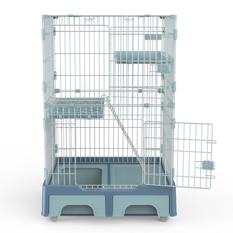 Pet cage with multiple levels and a blue base on a white background at Pet Servo