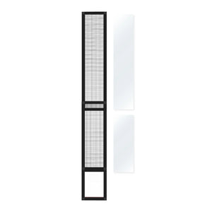Tall vertical mirror with black frame and grid pattern on a white background