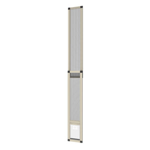 Tall vertical screen door with beige frame and clear glass panel on a white background