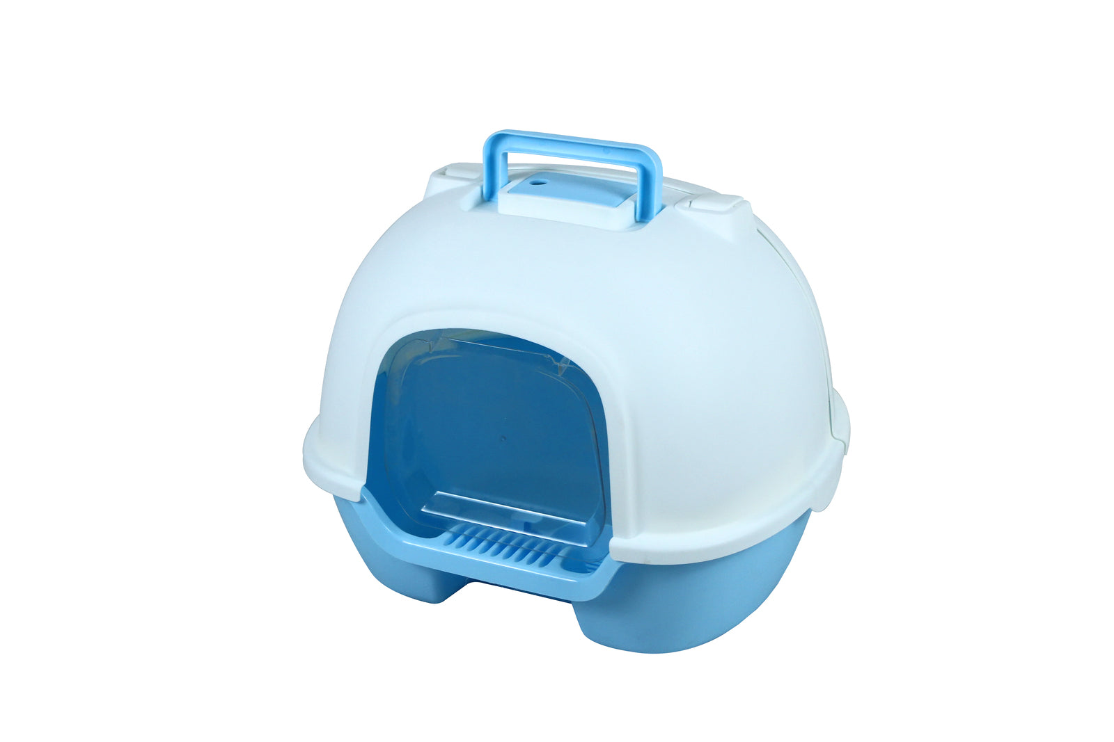 Blue and white pet litter box with a transparent door on a white background at Pet Servo