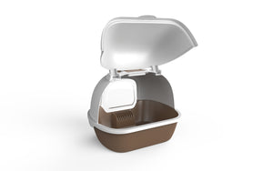 Pet litter box with a brown base and white lid on a white background at Pet Servo