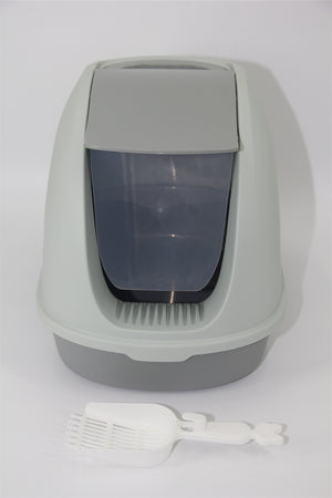 Gray pet litter box with a white plastic fork on a white background at Pet Servo