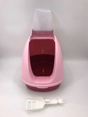 Pink and red pet litter box with a scoop on a white background at Pet Servo