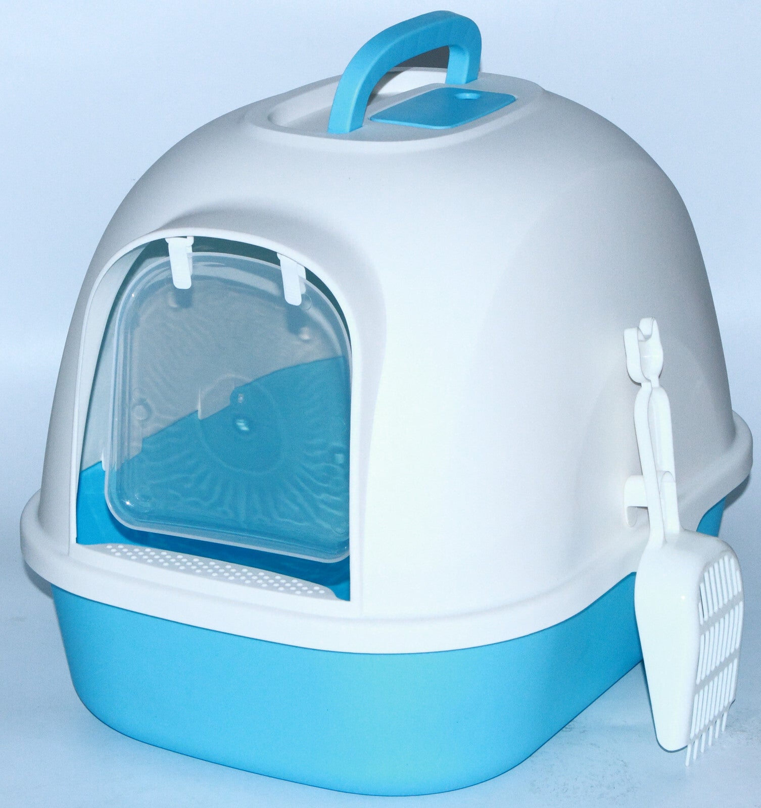 Pet litter box with blue interior and white exterior on a light blue background at Pet Servo