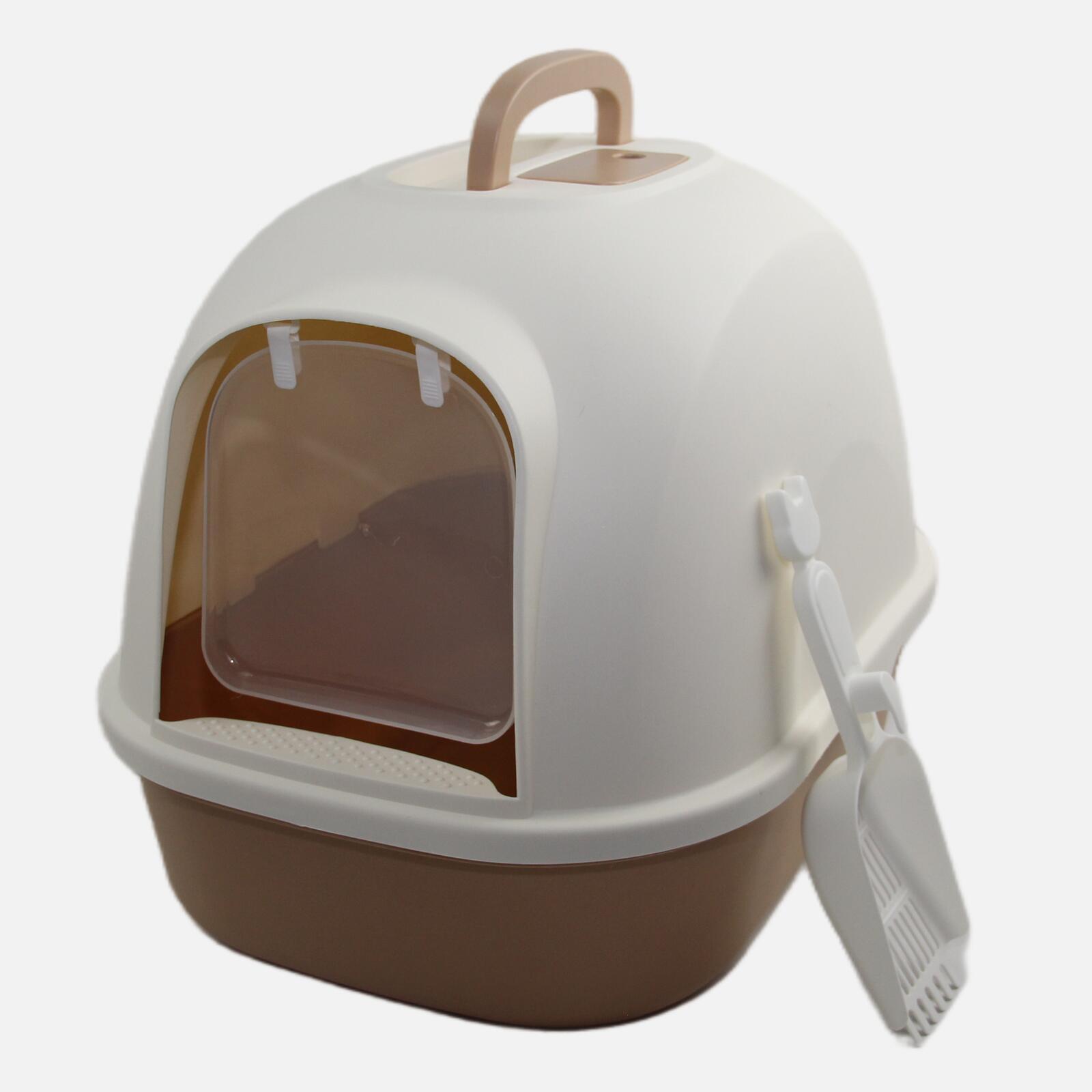 Pet litter box with a dome cover and scoop on a white background at Pet Servo