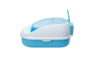 Blue and white plastic potty chair on a white background at Pet Servo