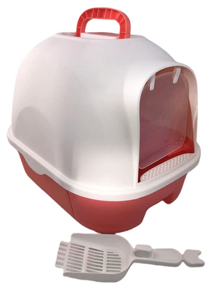 Cat litter box with a red interior and white exterior, including a scoop, on a white background at Pet Servo