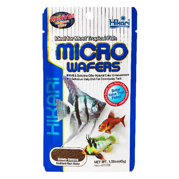 Hikari Micro Wafers fish food packaging with images of tropical fish on a white background at Pet Servo