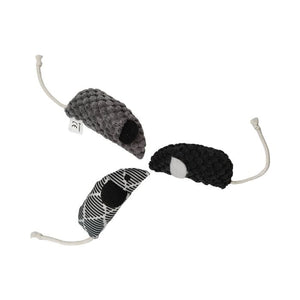 Cat toy set with a tunnel, striped mouse, and black mouse on a white background