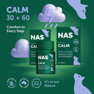 NAS Calm supplement packaging on a green background with cloud and lightning bolt graphics at Petservo