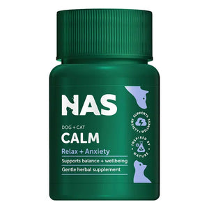 Green bottle of NAS Dog + Cat Calm supplement on a white background at petservo