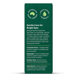 Green packaging of Australian-made eye care solution for pets on a white background at Pet Servo
