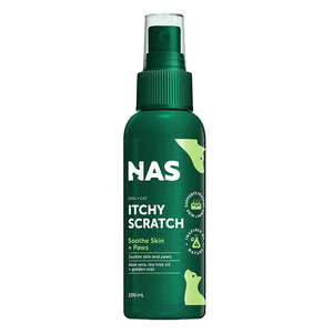 Green bottle of NAS Itchy Scratch spray on a white background at Pet Servo