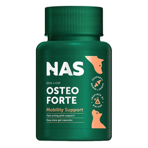 Green bottle of NAS Osteo Forte Mobility Support for dogs and cats on a white background at Pet Servo
