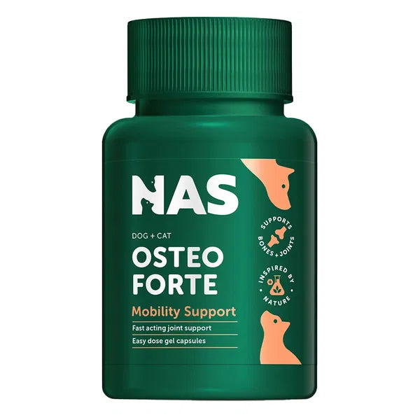 Green bottle of NAS Osteo Forte Mobility Support for dogs and cats on a white background at Pet Servo