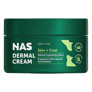 Green jar of NAS Dermal Cream for dogs and cats on a white background