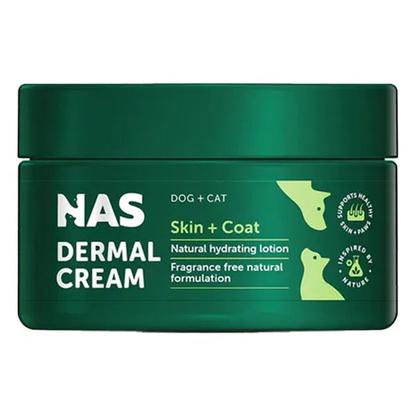 Green jar of NAS Dermal Cream for dogs and cats on a white background