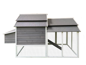 Wooden chicken coop with a gray roof on a white background at Pet Servo