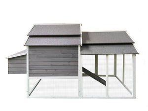 A gray wooden rabbit hutch with a wire mesh run and elevated roof, shown against a plain white background at Pet Servo