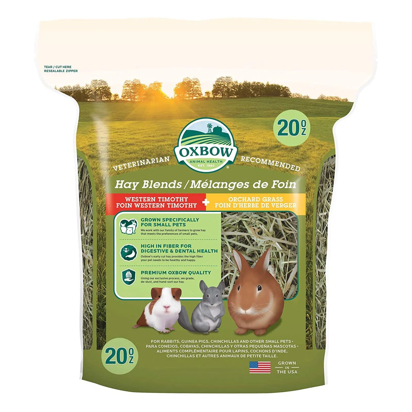 Oxbow hay blends package with a field background at Pet Servo