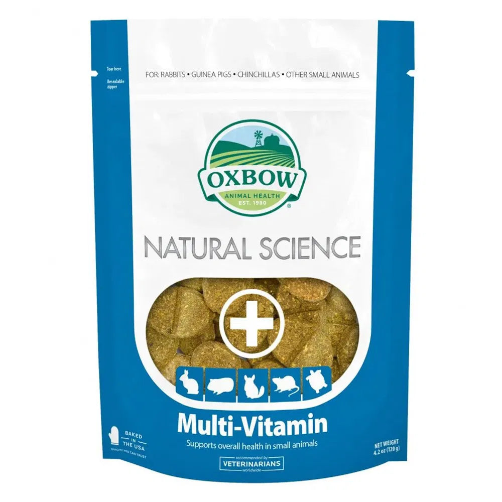 Oxbow Natural Science Multi-Vitamin package for small animals on a white background at Pet Servo
