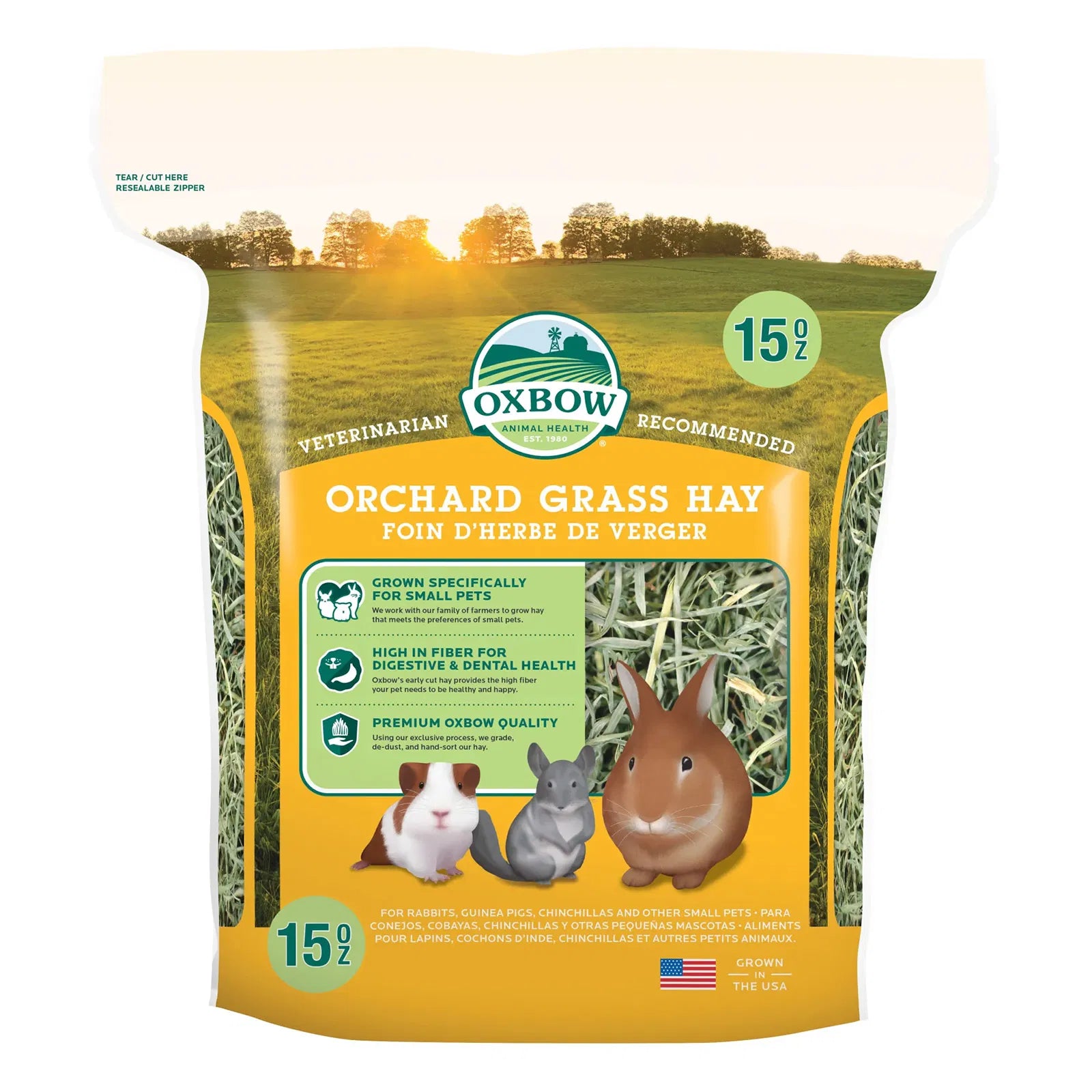 Oxbow Orchard Grass Hay package with images of small animals on a white background at Pet Servo